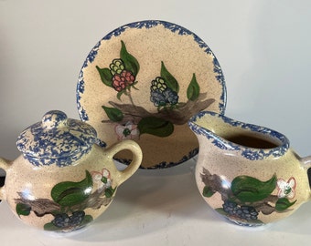 Country Craft Stoneware/Blue Sponged Stoneware/4 Pieces of Country Craft Stonerware