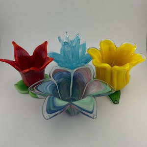 Yellow Tulip/Red Tulip/Blue Flower/Pastel Multi Colored Art Glass Handblown Candle Holders