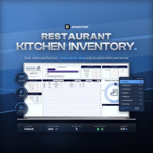 Könnte beinhalten: Eine digitale Tabellenvorlage für Restaurant-Kücheninventar von sheetchief auf einem Laptop-Bildschirm. Die Benutzeroberfläche zeigt Datentabellen, Diagramme und eine Seitenleiste mit verknüpften Registerkarten für Übersicht, Inventar und Bestellungen.