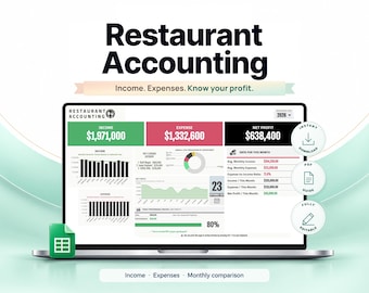 Restaurant Accounting Template | Google Sheets Income, Expense, Net Profit Dashboard | Bookkeeping Spreadsheet