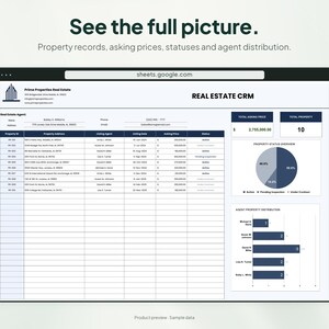 Peut inclure: Une interface de feuille de calcul num&eacute;rique intitul&eacute;e Real Estate CRM affich&eacute;e sur un &eacute;cran. La mise en page comprend un tableau avec les listes de propri&eacute;t&eacute;s, les adresses, les agents et les prix, ainsi qu'un graphique circulaire et un graphique &agrave; barres.