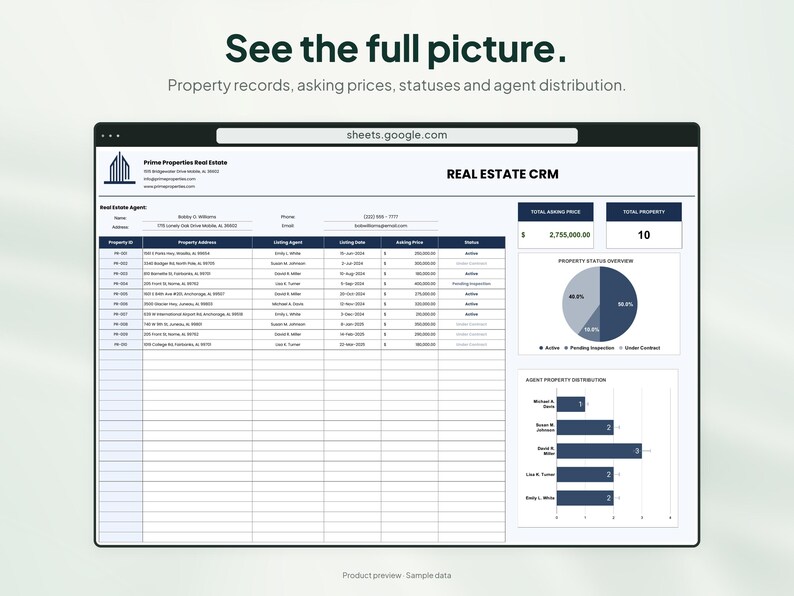 Peut inclure: Une interface de feuille de calcul num&eacute;rique intitul&eacute;e Real Estate CRM affich&eacute;e sur un &eacute;cran. La mise en page comprend un tableau avec les listes de propri&eacute;t&eacute;s, les adresses, les agents et les prix, ainsi qu'un graphique circulaire et un graphique &agrave; barres.