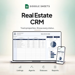 Peut inclure: Un mod&egrave;le de CRM immobilier Google Sheets affich&eacute; sur un &eacute;cran d'ordinateur portable et de smartphone. L'interface pr&eacute;sente des donn&eacute;es de suivi de propri&eacute;t&eacute;s, un graphique circulaire et des graphiques &agrave; barres. Texte : "Real Estate CRM".