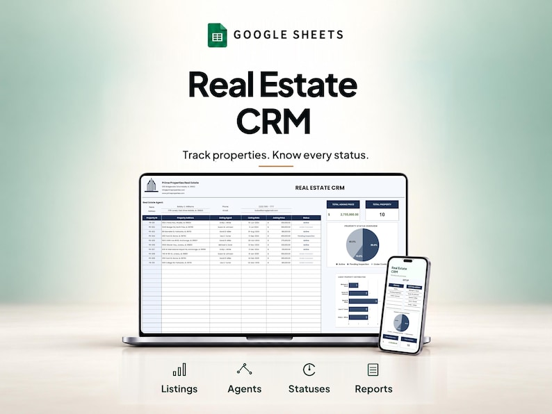 Peut inclure: Un mod&egrave;le de CRM immobilier Google Sheets affich&eacute; sur un &eacute;cran d'ordinateur portable et de smartphone. L'interface pr&eacute;sente des donn&eacute;es de suivi de propri&eacute;t&eacute;s, un graphique circulaire et des graphiques &agrave; barres. Texte : "Real Estate CRM".