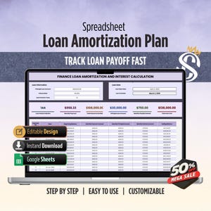 May include: A laptop screen displays a spreadsheet titled "Loan Amortization Plan." The screen shows financial data, including loan amounts, interest rates, and payment schedules. Text on the screen includes "Track Loan Payoff Fast," "Editable Design," and "Instant Download."