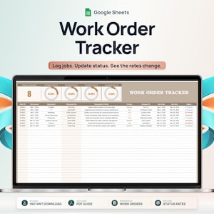 Può includere: Uno schermo di un portatile che mostra un modello Google Sheets per il monitoraggio degli ordini di lavoro. L'interfaccia presenta una dashboard con grafici a torta, una tabella dati dettagliata per le attività e il testo Log jobs. Update status. See the rates change.