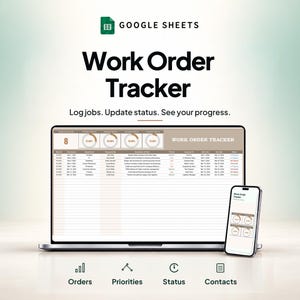 Könnte beinhalten: Eine digitale Arbeitsauftrags-Tracker-Vorlage für Google Sheets, die auf einem Laptop- und Smartphone-Bildschirm angezeigt wird. Die Benutzeroberfläche bietet ein Dashboard mit Fortschrittsdiagrammen, eine Aufgabenliste und Navigationssymbole.