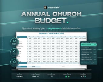 Plantilla de Google Sheets para el presupuesto anual de la iglesia / 15 líneas de ministerios, totales anuales