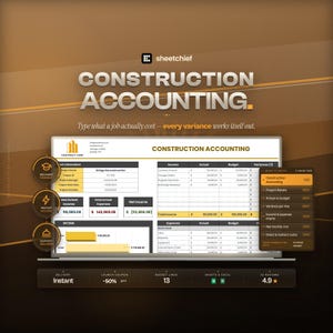 Peut inclure: Un modèle de feuille de calcul numérique pour la comptabilité de construction affiché sur un écran d'ordinateur portable. L'interface présente des tableaux pour les informations de projet, les revenus, les dépenses et les écarts budgétaires.