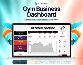 May include: A digital Gym Business Dashboard displayed on a laptop screen, featuring Google Sheets branding, performance metrics, a line graph for monthly recurring revenue, and data tables for membership statistics against a teal and orange background.
