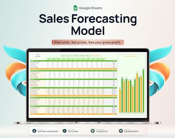 May include: A laptop screen displaying a Google Sheets Sales Forecasting Model with a spreadsheet grid, a bar chart, and the text Plan units. Set prices. See your gross profit. The interface includes icons for instant download and a PDF guide.