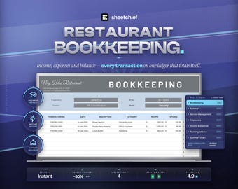 Restaurant Bookkeeping Template | Income Expense Tracker, Running Balance Ledger