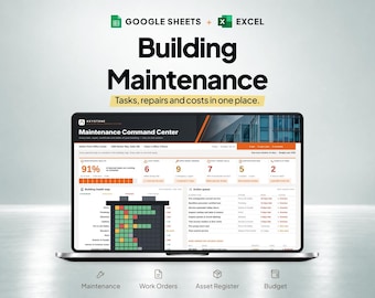 Peut inclure: Un écran d'ordinateur portable affiche un tableau de bord de maintenance des bâtiments pour Google Sheets et Excel. L'interface présente un centre de commande de maintenance avec des indicateurs, une carte de santé du bâtiment et une file d'attente d'actions. Des icônes pour la maintenance, les bons de travail, le registre des actifs et le budget sont visibles sous l'écran.