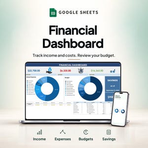 Puede incluir: Un ordenador portátil y un teléfono inteligente que muestran un panel financiero de Google Sheets. La pantalla presenta datos financieros, incluyendo ingresos, gastos, presupuesto y ahorros, con gráficos circulares azules y tablas.