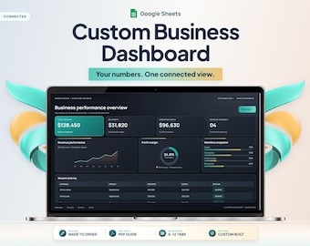 May include: A laptop screen displaying a dark-themed Google Sheets custom business dashboard. The interface shows business performance overview, total revenue, net profit, operating costs, revenue channels, and recent activity tables with data.
