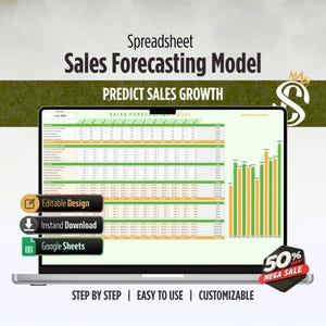 Puede incluir: Una computadora portátil muestra una hoja de cálculo titulada "Sales Forecasting Model". La pantalla muestra tablas de datos y un gráfico de barras. El texto en la pantalla incluye "Predict Sales Growth", "Editable Design", "Instant Download" y "Google Sheets". Se ve un banner de "50% Off Mega Sale".