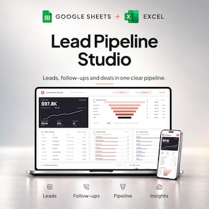 May include: A digital dashboard titled Lead Pipeline Studio displayed on a laptop and smartphone screen. The interface features data visualizations, including a funnel chart, financial metrics, and lists for tracking leads, follow-ups, and deals.