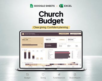 Könnte beinhalten: Ein Laptop-Bildschirm zeigt ein Kirchenbudget-Dashboard für Google Sheets und Excel. Die Benutzeroberfläche enthält Datenvisualisierungen, Balkendiagramme und Finanzübersichten mit dem Text Church Budget, Clear giving. Confident planning.