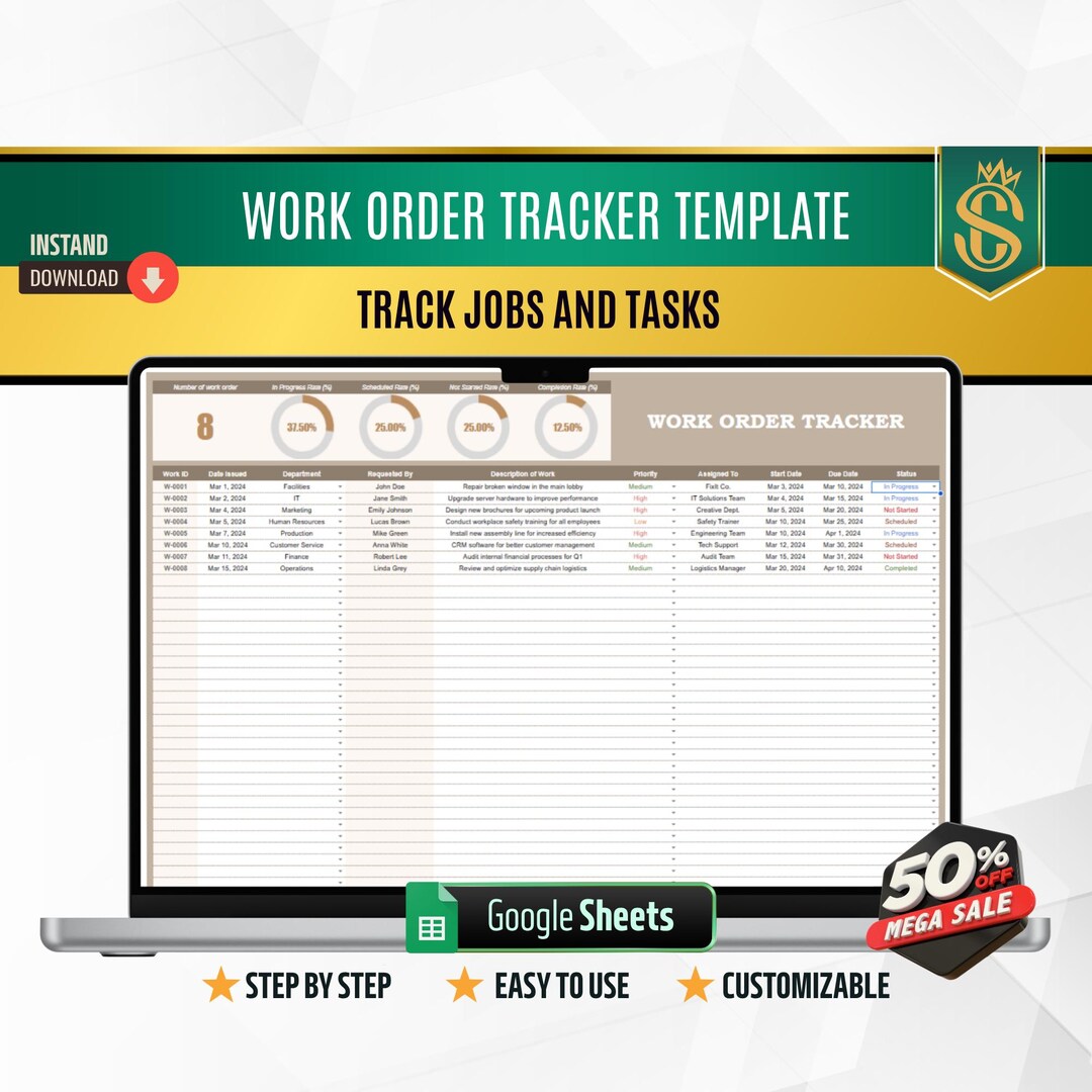 Work Order Tracker Template, Editable Google Sheets, Digital Download ...