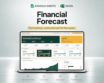 May include: A laptop screen displaying a financial forecast dashboard for Google Sheets and Excel. The interface features data visualisations, revenue growth metrics, and cash flow charts with text reading Financial Forecast and Plan revenue, costs and cash for four years.