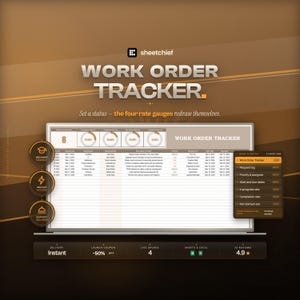Puede incluir: Una plantilla de hoja de cálculo digital para el seguimiento de órdenes de trabajo en una pantalla. La interfaz presenta una tabla con columnas para detalles de tareas, cuatro medidores circulares y una barra lateral con pestañas vinculadas.