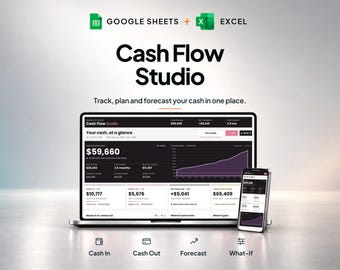以下が含まれることがあります： Google SheetsとExcel用のCash Flow Studioダッシュボードを表示するノートパソコンとスマートフォン。画面には財務データ、グラフ、および「Cash Flow Studio, Track, plan and forecast your cash in one place.」というテキストが表示されています。