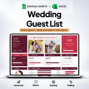 Wedding Guest List Spreadsheet, RSVP Tracker, Seating Chart Template, Google Sheets Excel Wedding Planner
