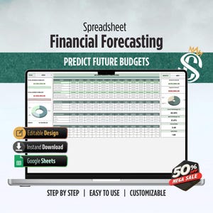 May include: A laptop displays a financial forecasting spreadsheet with the text "Financial Forecasting" and "Predict Future Budgets." The screen shows data tables and charts. Buttons read "Editable Design," "Instant Download," and "Google Sheets."