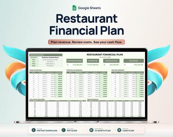 May include: A digital display showing a Google Sheets Restaurant Financial Plan template. The screen features business information, revenue projections, profit and loss statements, and cash flow data for SeaFlame Seafood Shack for the year 2025.