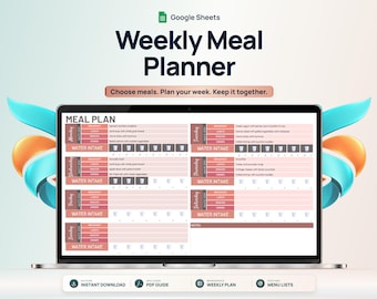 Puede incluir: Un planificador semanal de comidas digital para Google Sheets mostrado en una pantalla de portátil. La interfaz presenta una cuadrícula de lunes a domingo, incluyendo secciones para desayuno, almuerzo, merienda, cena e ingesta de agua. El texto incluye "Weekly Meal Planner" y "Choose meals. Plan your week. Keep it together."