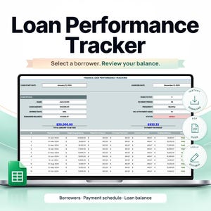 May include: A digital loan performance tracker spreadsheet displayed on a laptop screen. The interface includes fields for borrower details, loan start and end dates, interest rates, and a detailed payment schedule table with columns for dates and balances.