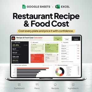 May include: A laptop screen displaying a Restaurant Recipe & Food Cost calculator spreadsheet. The interface features a dashboard with data visualizations, including a menu matrix, price alerts, profit per plate bar charts, and a pie chart.