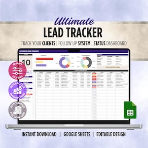 May include: A laptop displays a lead tracker spreadsheet with the title "Ultimate Lead Tracker." The screen shows data visualization charts and a table with client information. The design includes pink and purple accents, with the text "Track Your Clients | Follow Up System | Status Dashboard."
