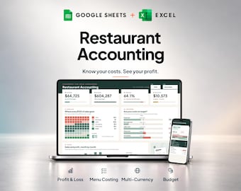 Restaurant Accounting Template, Restaurant Profit and Loss, Food Cost Calculator, Menu Costing, Bookkeeping Spreadsheet, Google Sheets Excel