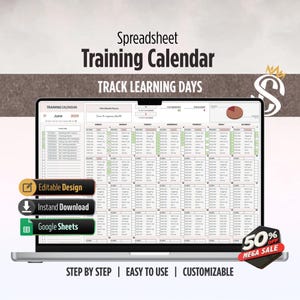 以下が含まれることがあります： ラップトップの画面には、「Spreadsheet Training Calendar」と「Track Learning Days」というテキストが表示された、トレーニングカレンダーのスプレッドシートが表示されています。画面には日付と時刻が表示されたカレンダーレイアウトが表示されています。「Editable Design」、「Instant Download」、「Google Sheets」と書かれたボタンがあります。