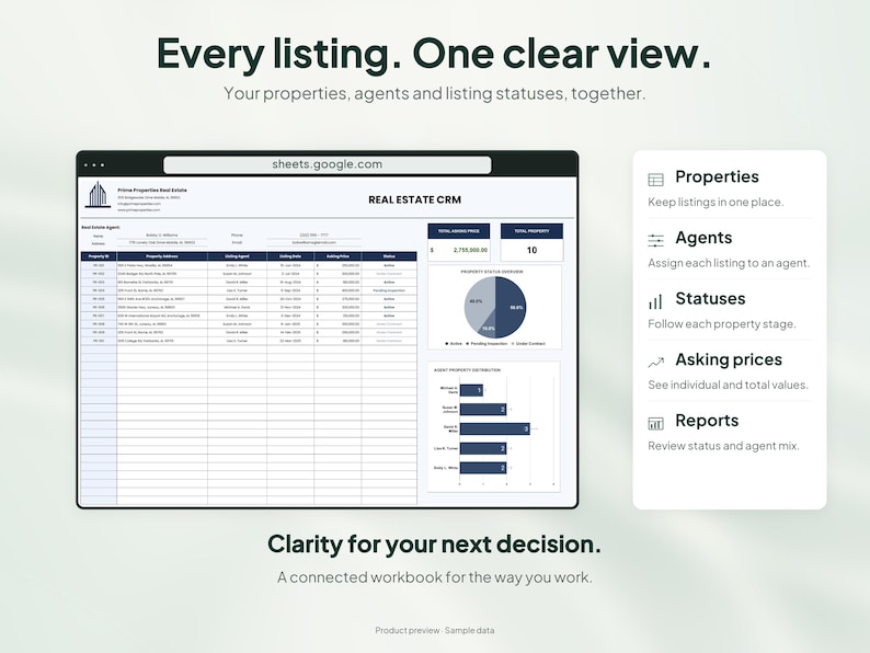 Peut inclure: Une interface de feuille de calcul num&eacute;rique intitul&eacute;e Real Estate CRM affichant des listes de propri&eacute;t&eacute;s, des affectations d'agents et des mises &agrave; jour de statut. Le tableau de bord comprend un graphique circulaire, un graphique &agrave; barres et une barre lat&eacute;rale listant des fonctionnalit&eacute;s.