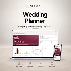 Könnte beinhalten: Ein Laptop und ein Smartphone zeigen eine Web-App-Oberfläche zur Hochzeitsplanung mit dem Text "WEB APP Wedding Planner Budget, guests and seating. Together." Das Dashboard enthält Datenvisualisierungen, einen Countdown und Tools.