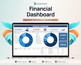 May include: A laptop screen displaying a Google Sheets financial dashboard with the text Financial Dashboard, Log income. Track expenses. See your balance. It features blue donut charts, expense categories, and a savings box showing $900.00.