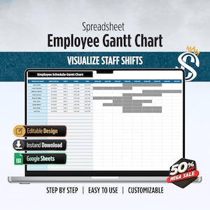 May include: A laptop screen displays an employee Gantt chart spreadsheet. The text reads "Employee Gantt Chart" and "Visualize Staff Shifts." Buttons indicate "Editable Design," "Instant Download," and "Google Sheets." A "50% Off Mega Sale" banner is visible.