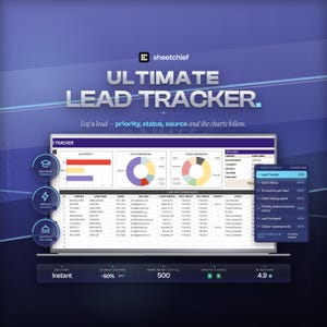 May include: A digital lead tracker spreadsheet template displayed on a screen, featuring charts for lead priority, status, and source breakdown. The interface includes a lead info table, a sidebar listing features, and text reading Ultimate Lead Tracker.