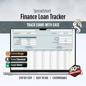 Op de afbeelding: Een laptopscherm toont een spreadsheet voor het volgen van financiële leningen. Het scherm toont gegevensvelden voor leendetails, betalingsbedragen en resterende saldi. Tekst op het scherm bevat "Finance Loan Tracker" en "Track Loans With Ease."