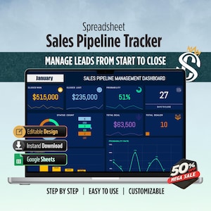 May include: A laptop screen displays a sales pipeline tracker spreadsheet. The dashboard shows financial data, including closed won and lost amounts, probability, and status counts. Text includes "Editable Design," "Instant Download," and "Google Sheets."
