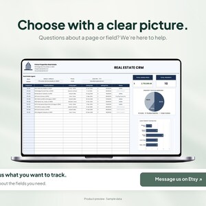 Peut inclure: Un &eacute;cran d'ordinateur portable affichant un tableau de bord CRM immobilier avec un tableau de donn&eacute;es, un graphique circulaire sur le statut des propri&eacute;t&eacute;s et un graphique &agrave; barres. Le texte indique Choose with a clear picture et Message us on Etsy.