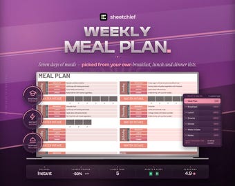 May include: A digital weekly meal plan template by sheetchief displayed on a screen. The purple interface features a structured grid for breakfast, lunch, dinner, and snacks, along with water intake trackers. Includes a sidebar with linked tabs.