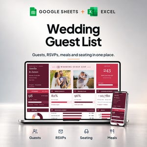 May include: A digital wedding guest list template for Google Sheets and Excel displayed on a laptop and smartphone screen. The interface features maroon and white sections with data for guests, RSVPs, meals, and seating arrangements.