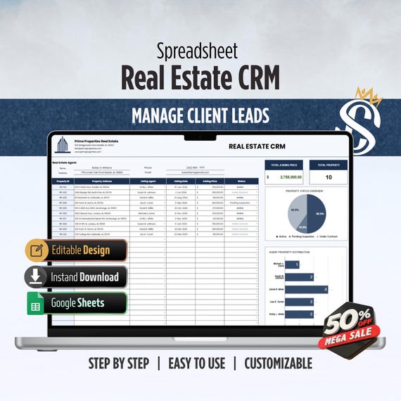 Real Estate CRM Template Google Sheets | Realtor Client and Lead Tracker | Property Listing and Deal Pipeline Manager for Agents