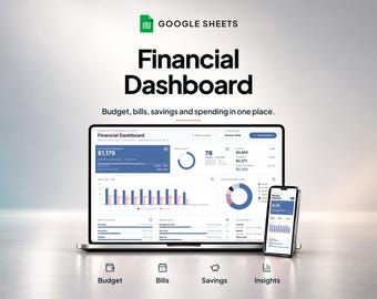 May include: A Google Sheets Financial Dashboard displayed on a laptop and a smartphone. The screen shows financial data including budget, bills, savings, and spending with charts, graphs, and text labels. Icons for budget, bills, savings, and insights are below.