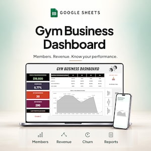 Puede incluir: Una plantilla digital de panel de control para gimnasios en Google Sheets mostrada en una laptop y un teléfono inteligente. La interfaz presenta visualizaciones de datos, incluyendo un gráfico lineal de ingresos mensuales y estadísticas.