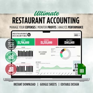 Può includere: Uno schermo di un laptop mostra un dashboard di contabilità del ristorante. L'interfaccia mostra entrate, spese e profitto netto. Grafici visualizzano i dati finanziari, con il testo "Ultimate Restaurant Accounting" in alto.