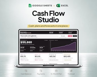 May include: A laptop screen displaying the Cash Flow Studio dashboard for Google Sheets and Excel. The interface shows financial data including cash on hand, net cash flow, and a 12-month forecast graph. Text reads: Cash Flow Studio, Cash, plans and forecasts in one place.